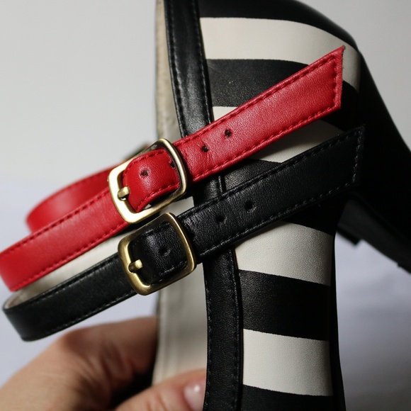 Lola Ramona Leather Heels Black White Red Stripes Ankle Straps Retro Women's 39 - Picture 7 of 10